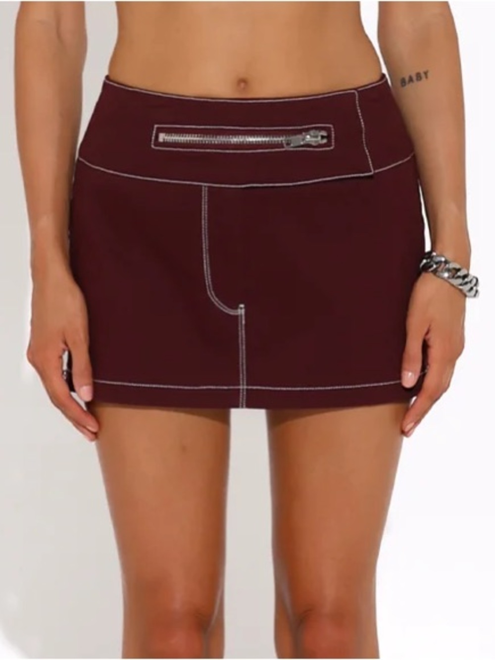 By DYLN Vaeda Mini Skirt Plum Burgundy Micro Festival Zip Accent  Sz L